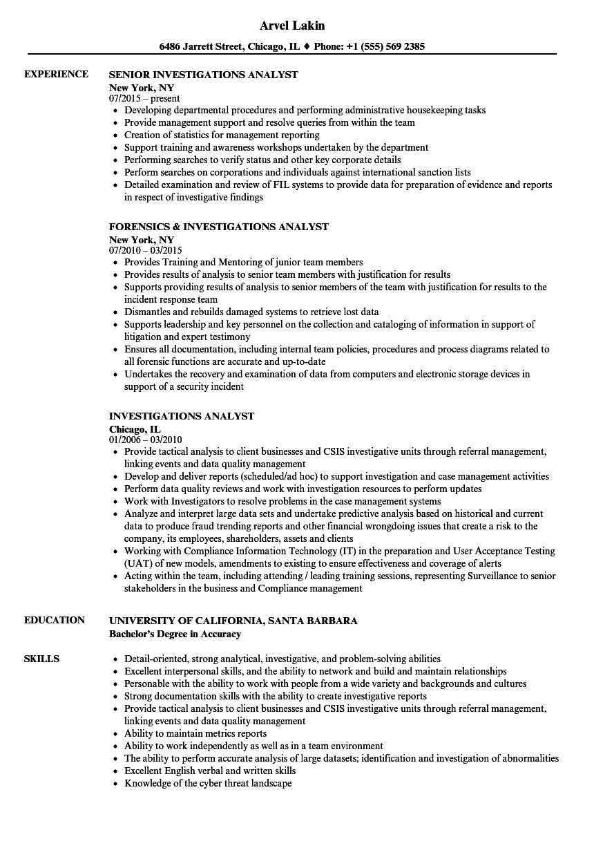 Investigations Analyst Resume Samples | Velvet Jobs For Private Investigator Surveillance Report Template