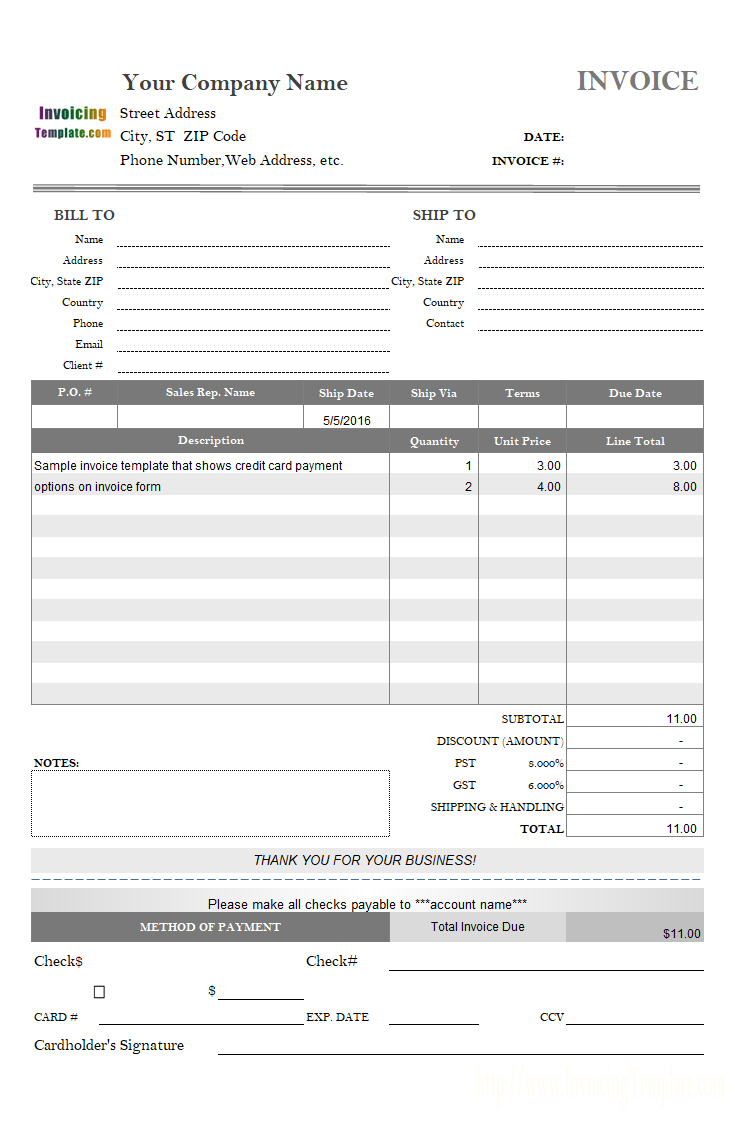 Invoice Template With Credit Card Payment Option In Credit Card Receipt Template