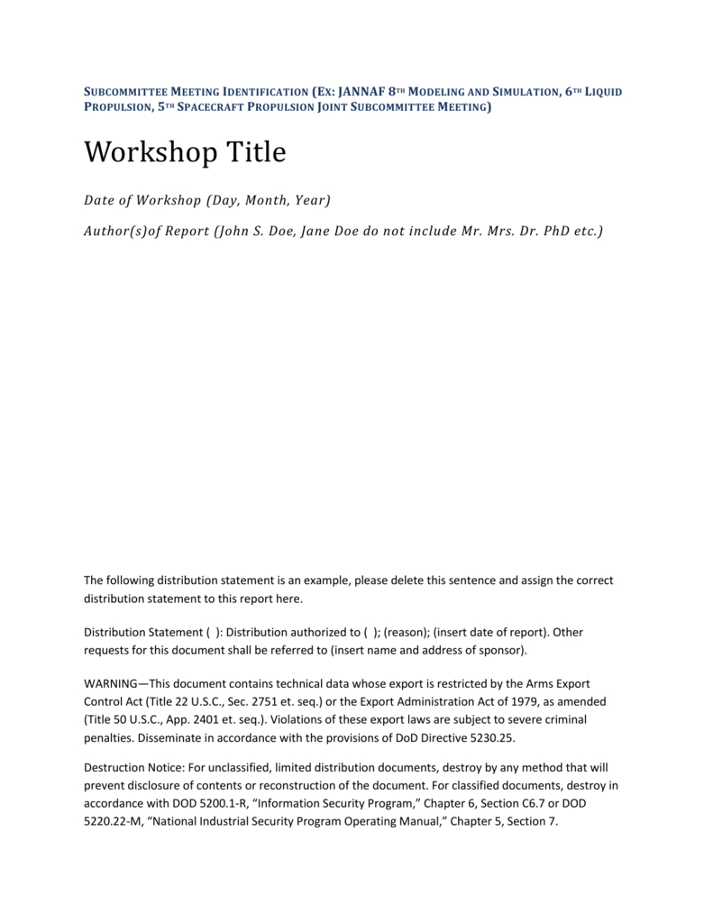 Jannaf Workshop Final Report Template For Section 7 Report Template