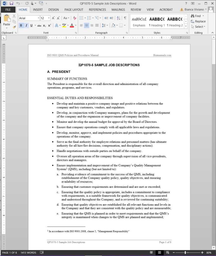 Job Descriptions Iso Template | Qp1070 5 With Regard To Job Descriptions Template Word