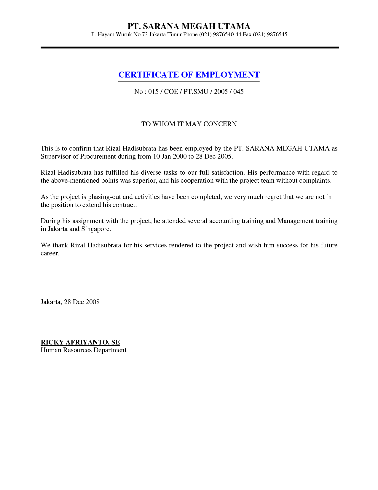 Job Employment Certificate Sample Certification Letter In Template Of Certificate Of Employment