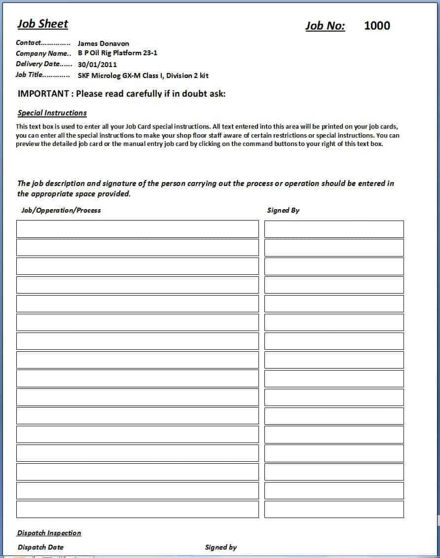 Job Sheet Template Throughout Mechanic Job Card Template