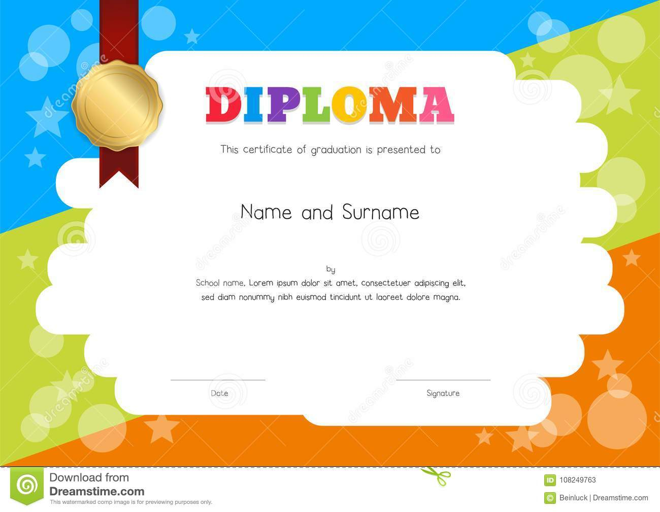 Kids Diploma Or Certificate Template With Hand Drawing Pertaining To Children's Certificate Template
