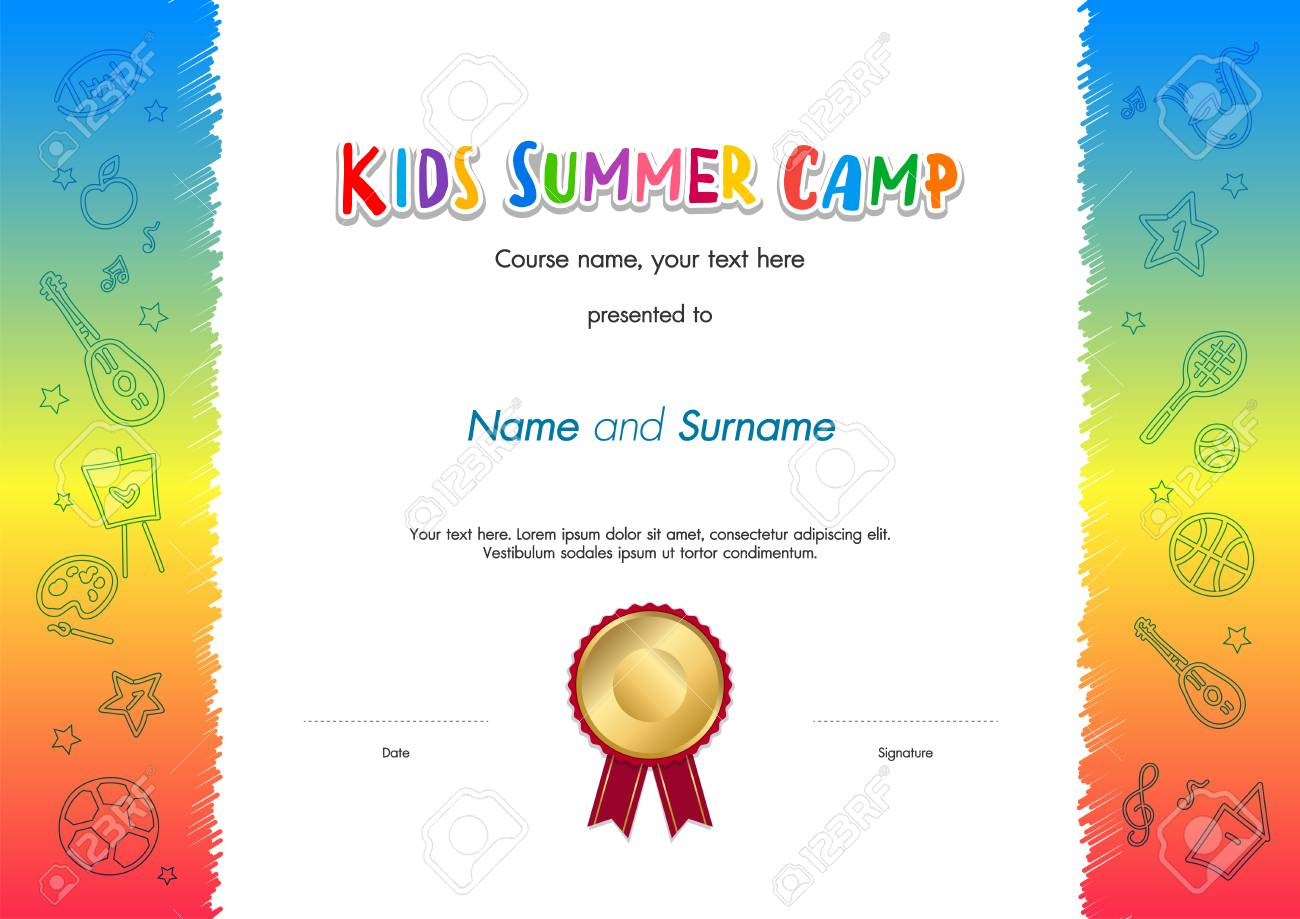 Kids Summer Camp Diploma Or Certificate Template Award Seal With.. In Summer Camp Certificate Template