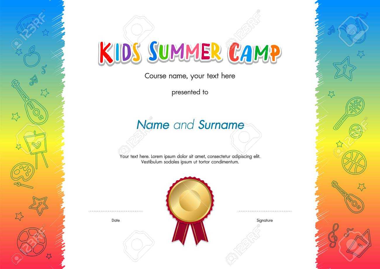 Kids Summer Camp Diploma Or Certificate Template Award Seal With.. In Summer Camp Certificate Template