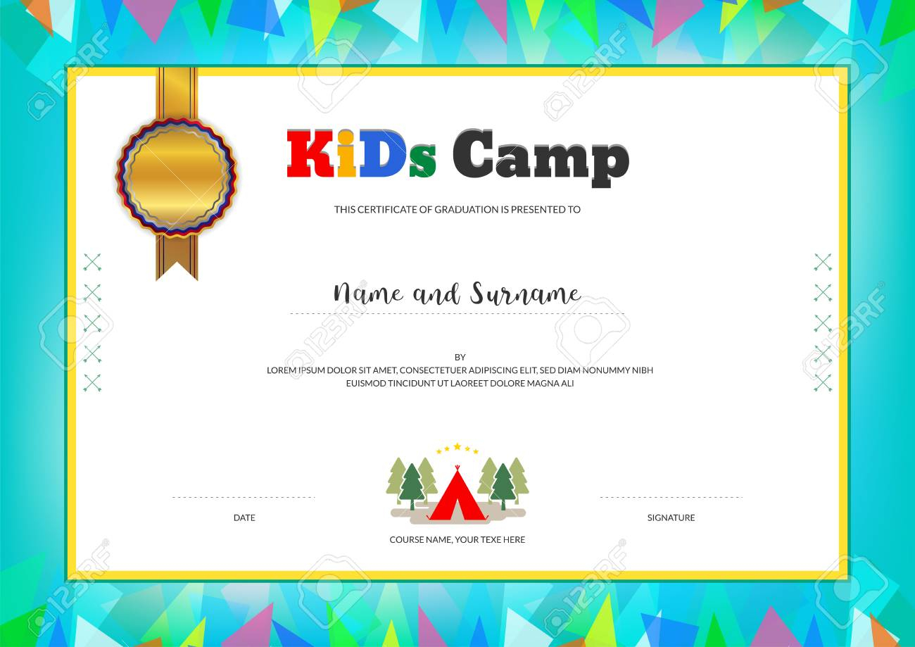 Kids Summer Camp Diploma Or Certificate Template With Colorful.. With Regard To Summer Camp Certificate Template