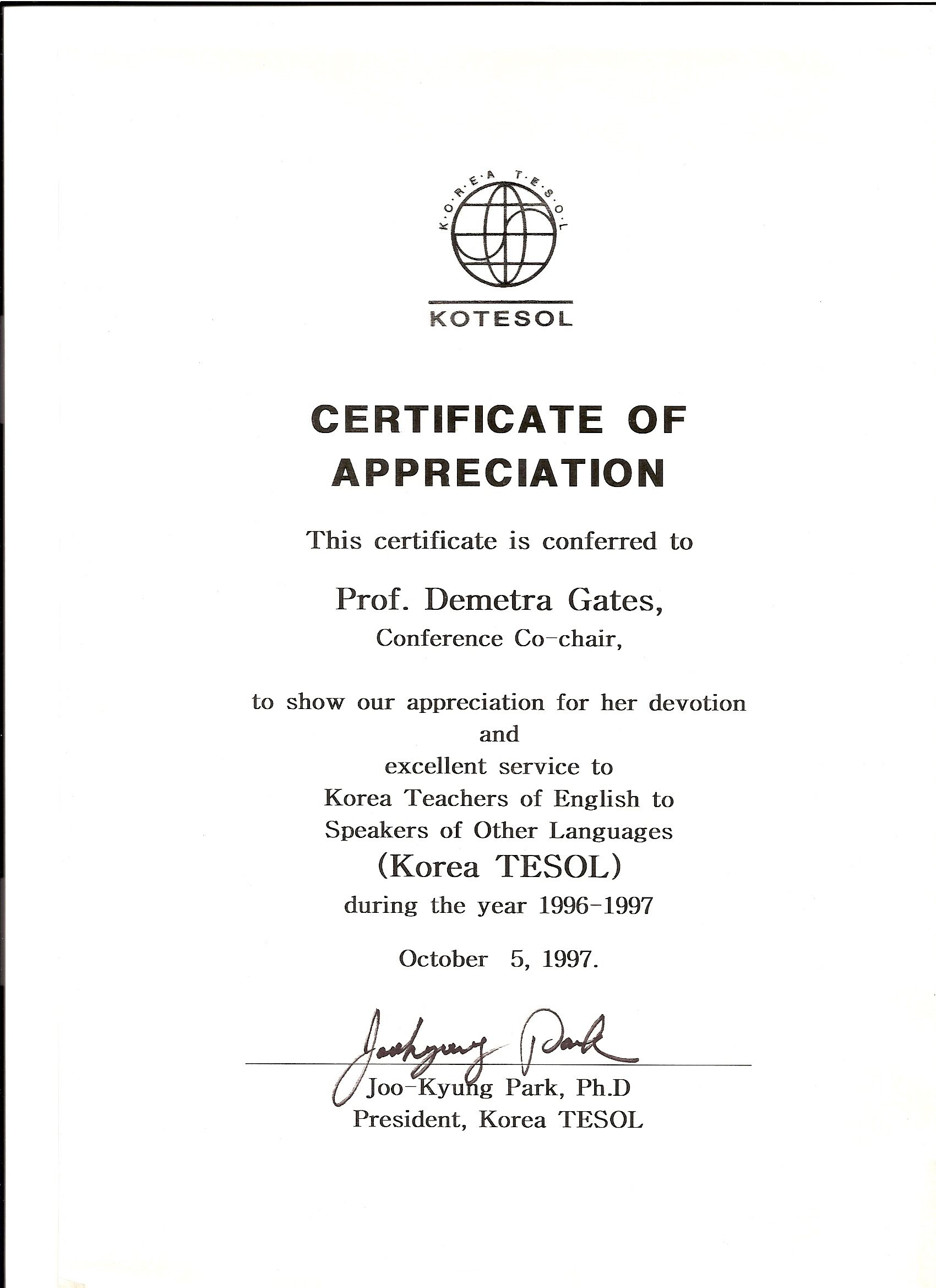 Kotesol Presidential Certificate Of Appreciation (1997 For With Regard To Certificate Of Achievement Army Template