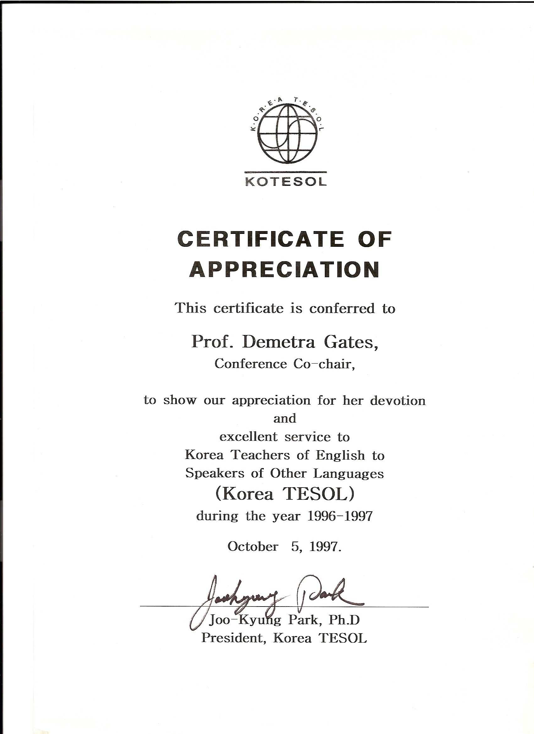 Kotesol Presidential Certificate Of Appreciation (1997 For With Regard To Certificate Of Achievement Army Template