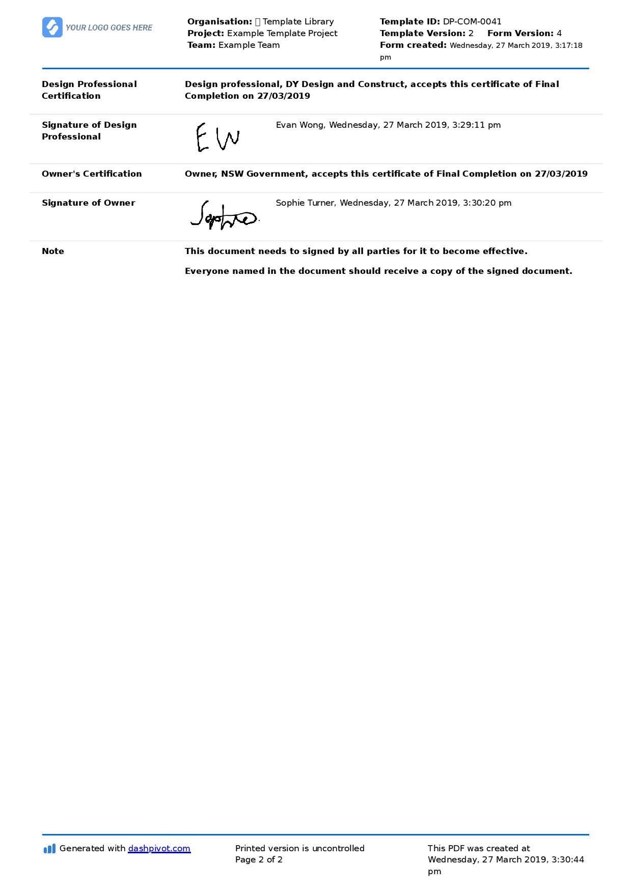 Letter Of Completion Of Work Sample (Use Or Copy For Yourself) Throughout Practical Completion Certificate Template Uk