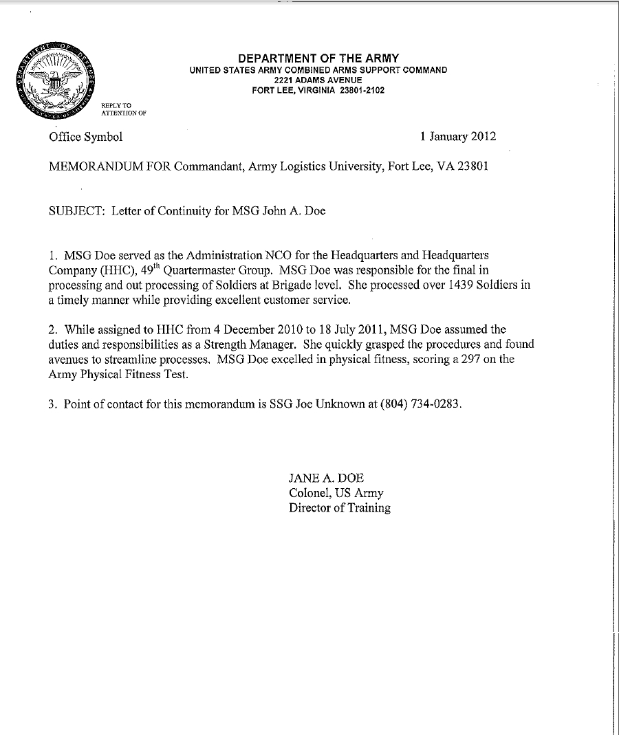Letter Of Continuity Example For Certificate Of Achievement Army Template