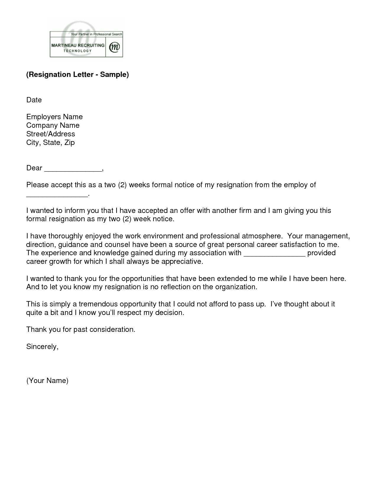 Letter Of Resignation 2 Weeks Notice Template | Employee Inside Two Week Notice Template Word