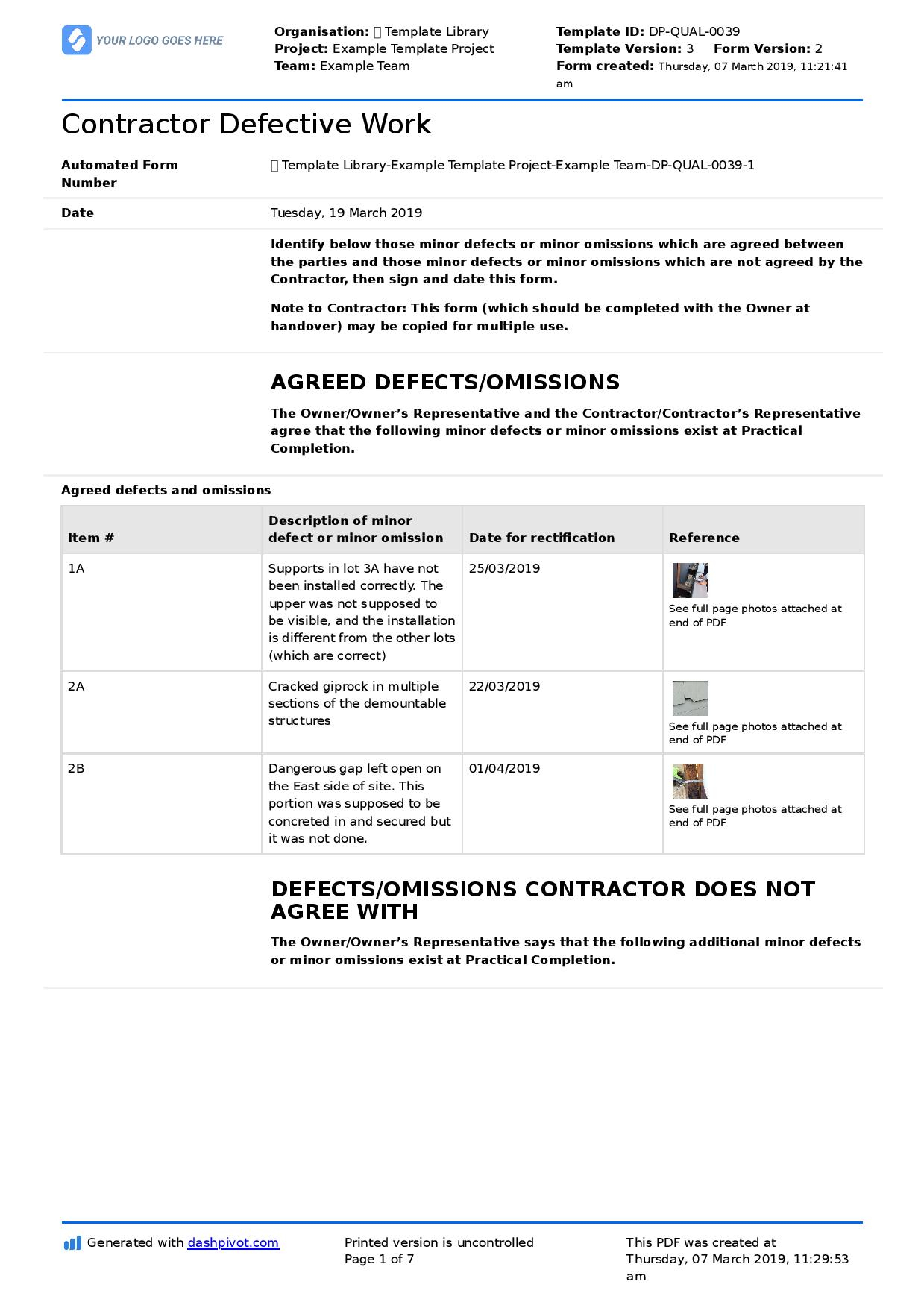 Letter To Contractor For Defective Work: Sample Letter And Intended For Building Defect Report Template