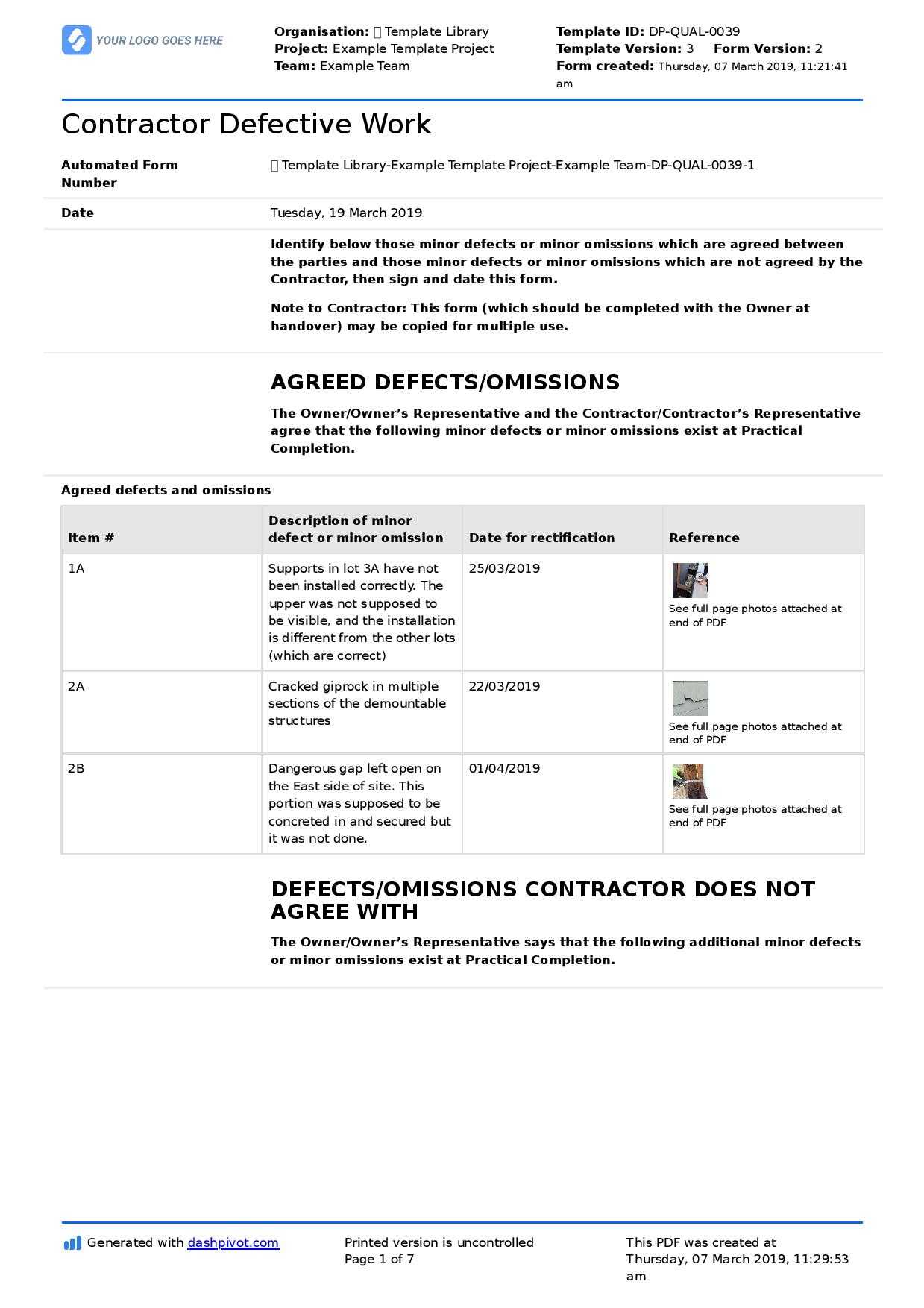 Letter To Contractor For Defective Work: Sample Letter And Intended For Building Defect Report Template