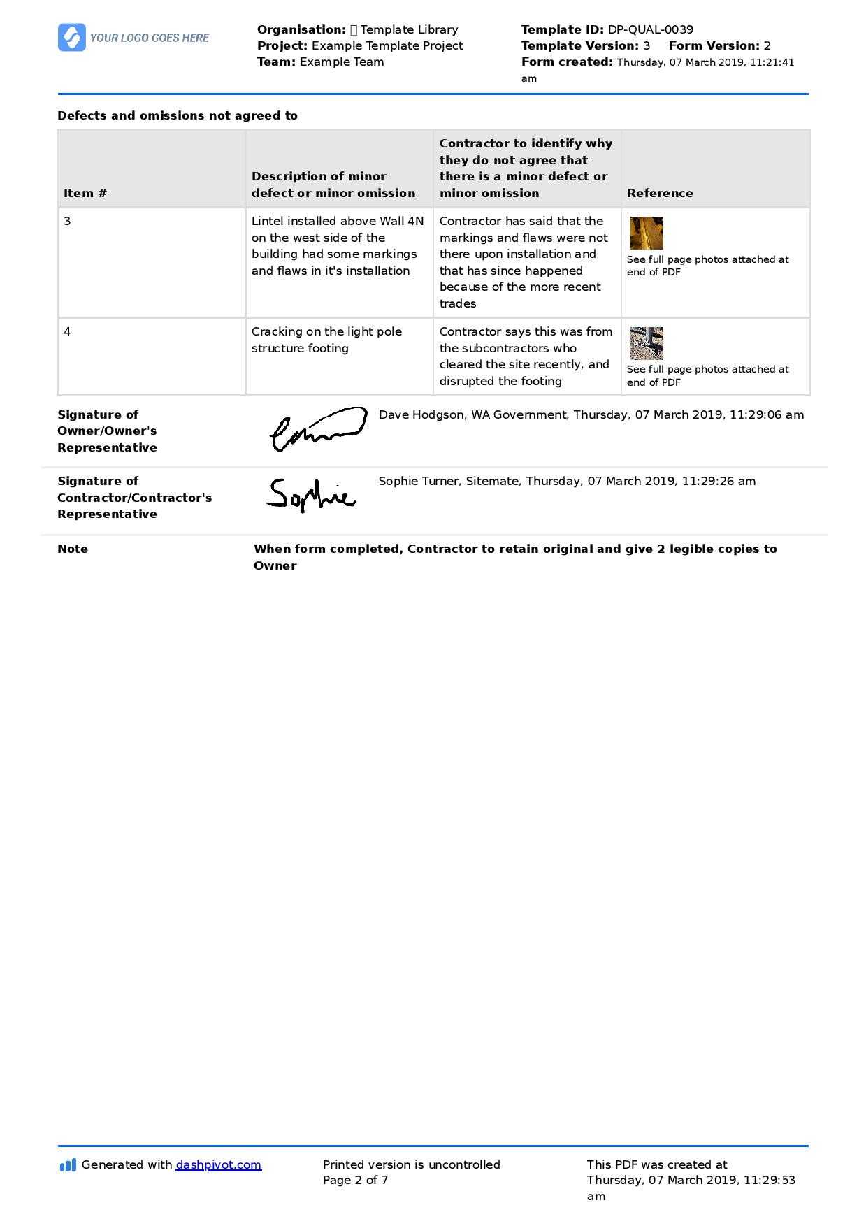 Letter To Contractor For Defective Work: Sample Letter And Regarding Building Defect Report Template