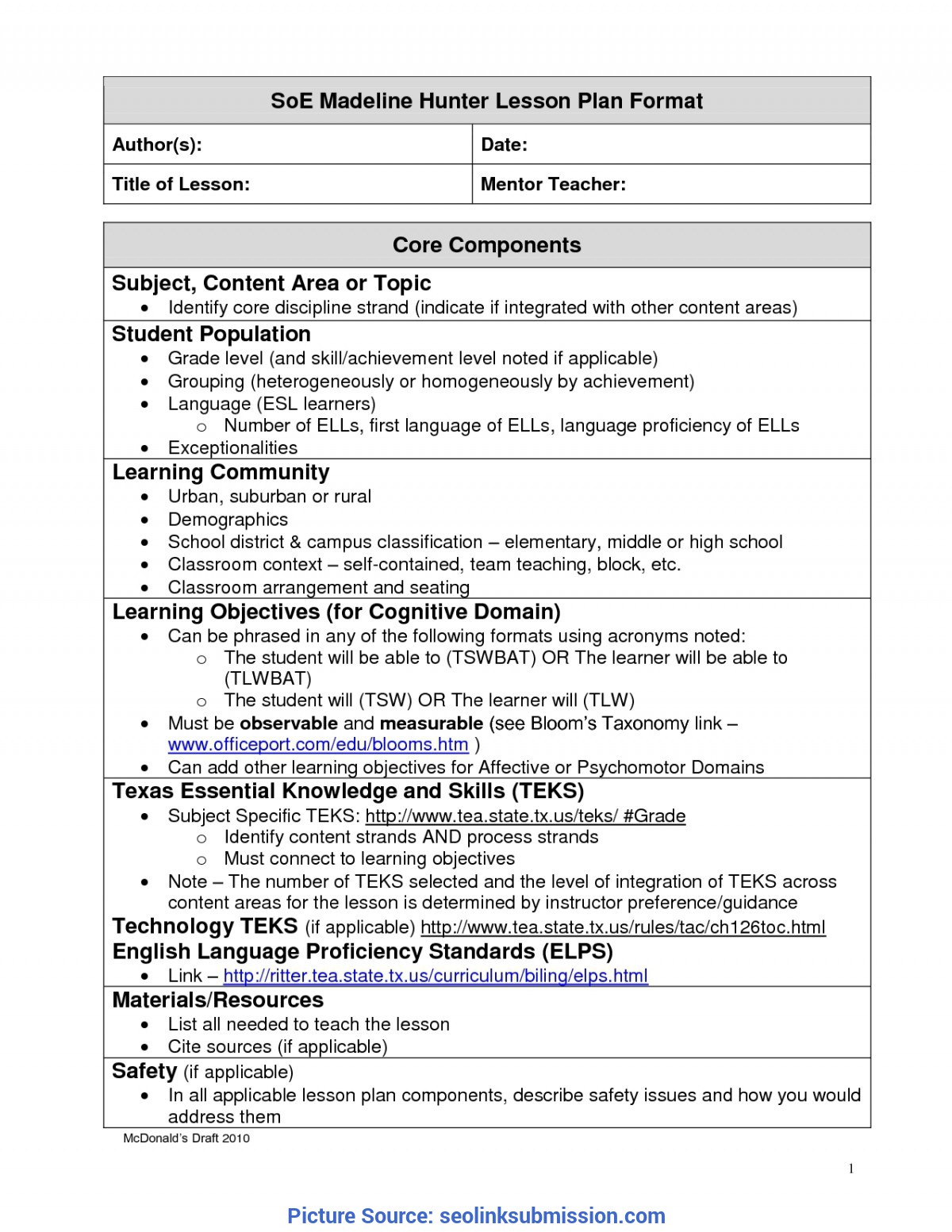 Madeline Hunter Lesson Plan Template Letter Sample Google Within Madeline Hunter Lesson Plan Template Blank