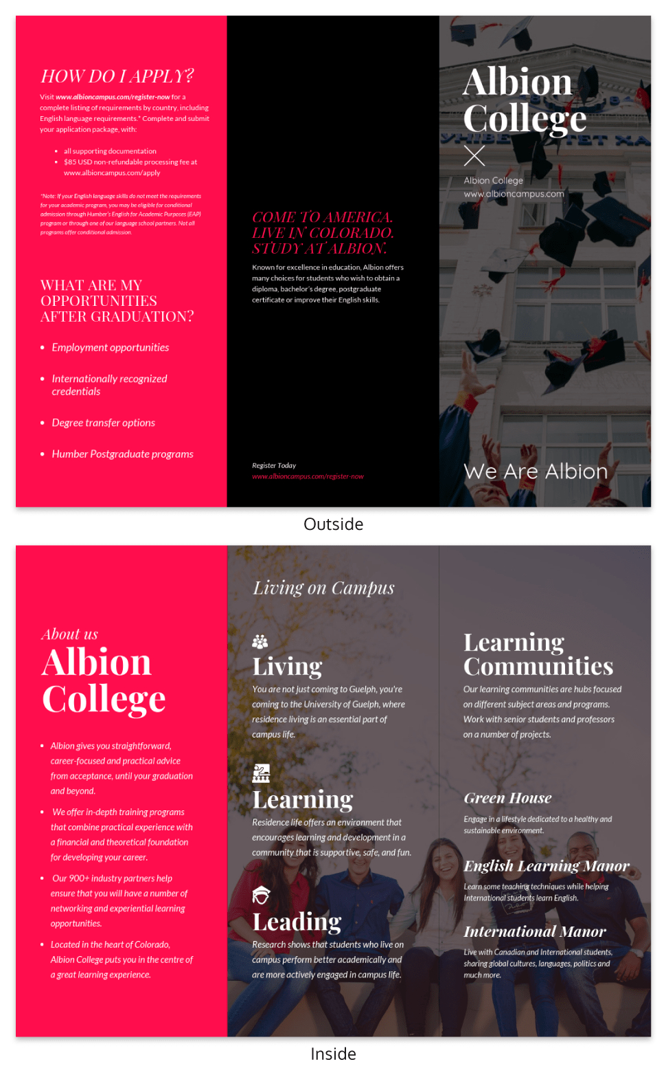 Magenta College Tri Fold Brochure Template Template – Venngage Intended For Tri Fold School Brochure Template