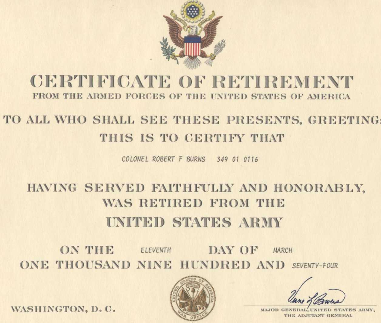 Major Robert F. Burns – Army Retirement Certificate For Intended For Retirement Certificate Template