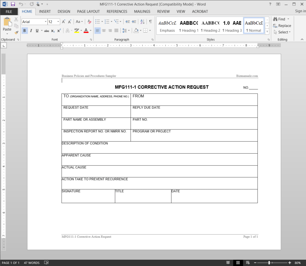 Manufacturing Corrective Action Request Template | Mfg111 1 Inside Corrective Action Report Template