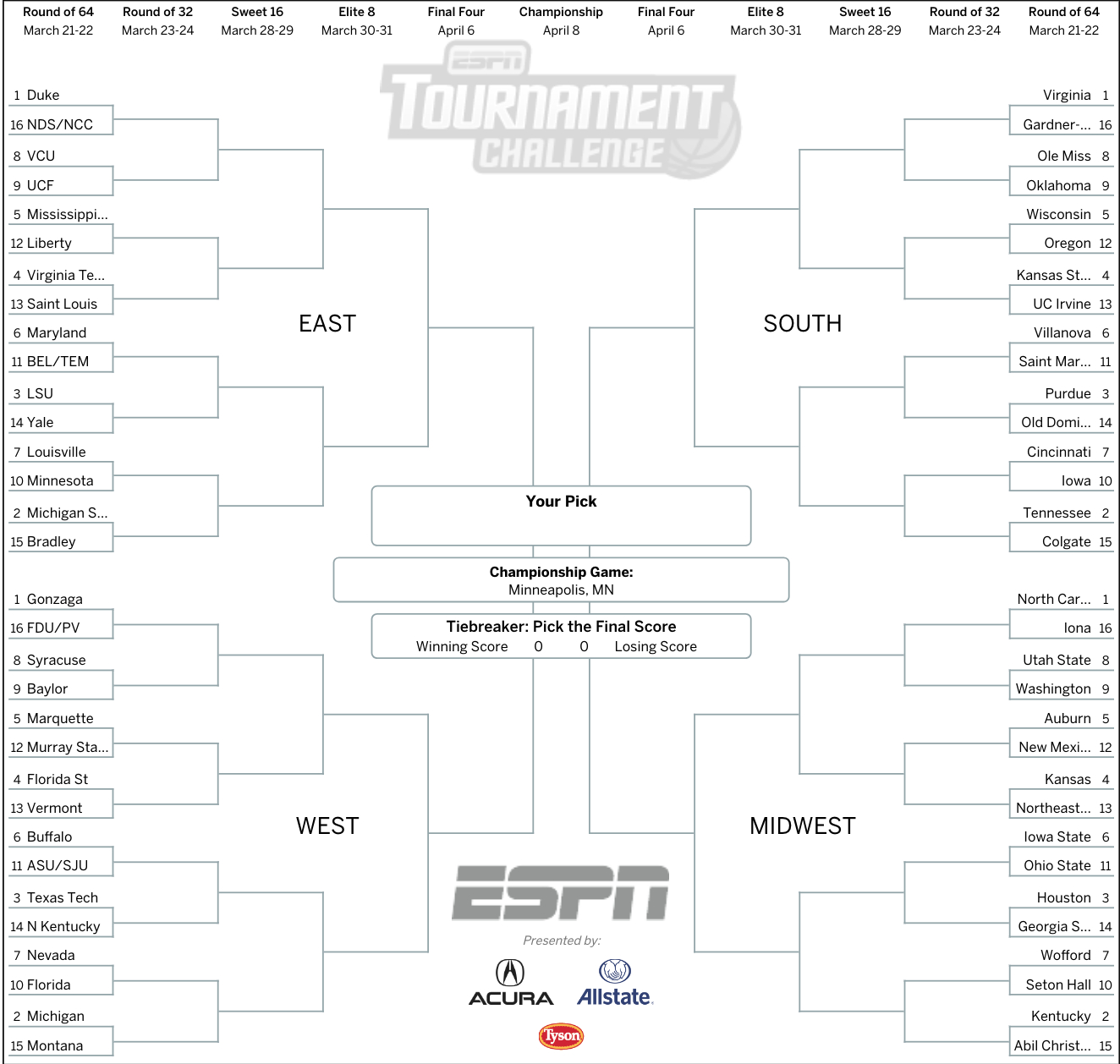 March Madness 2019: Get Your Printable Ncaa Bracket From Intended For Blank March Madness Bracket Template