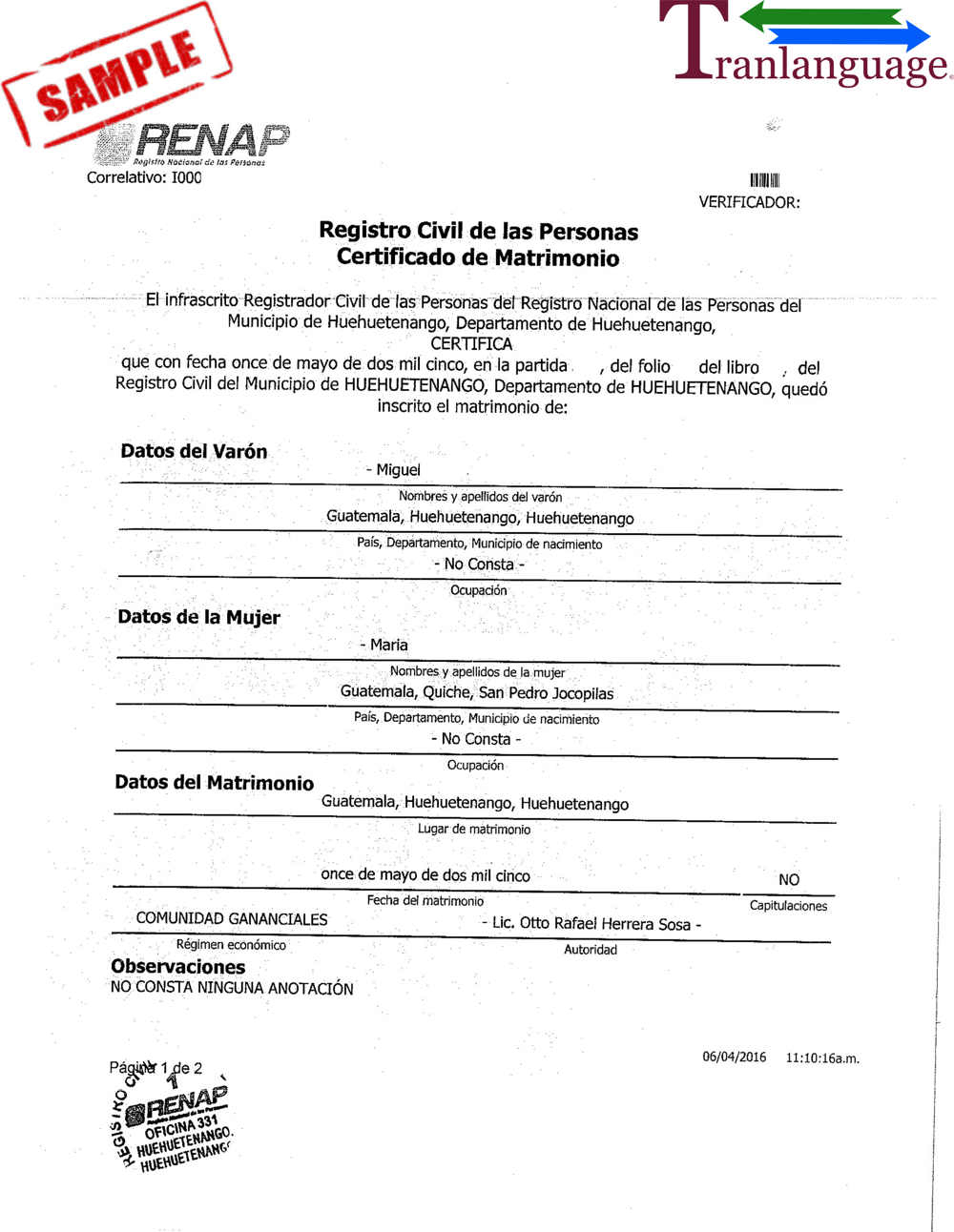 Marriage Certificate Guatemala With Regard To Uscis Birth Certificate Translation Template