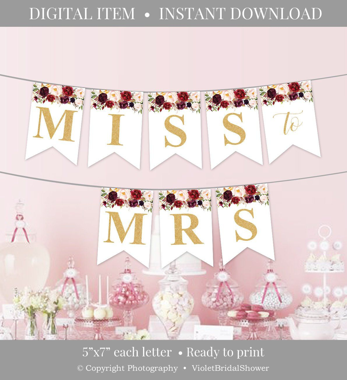 Marsala Party Banner Printable, Burgundy Floral Party With Bride To Be Banner Template
