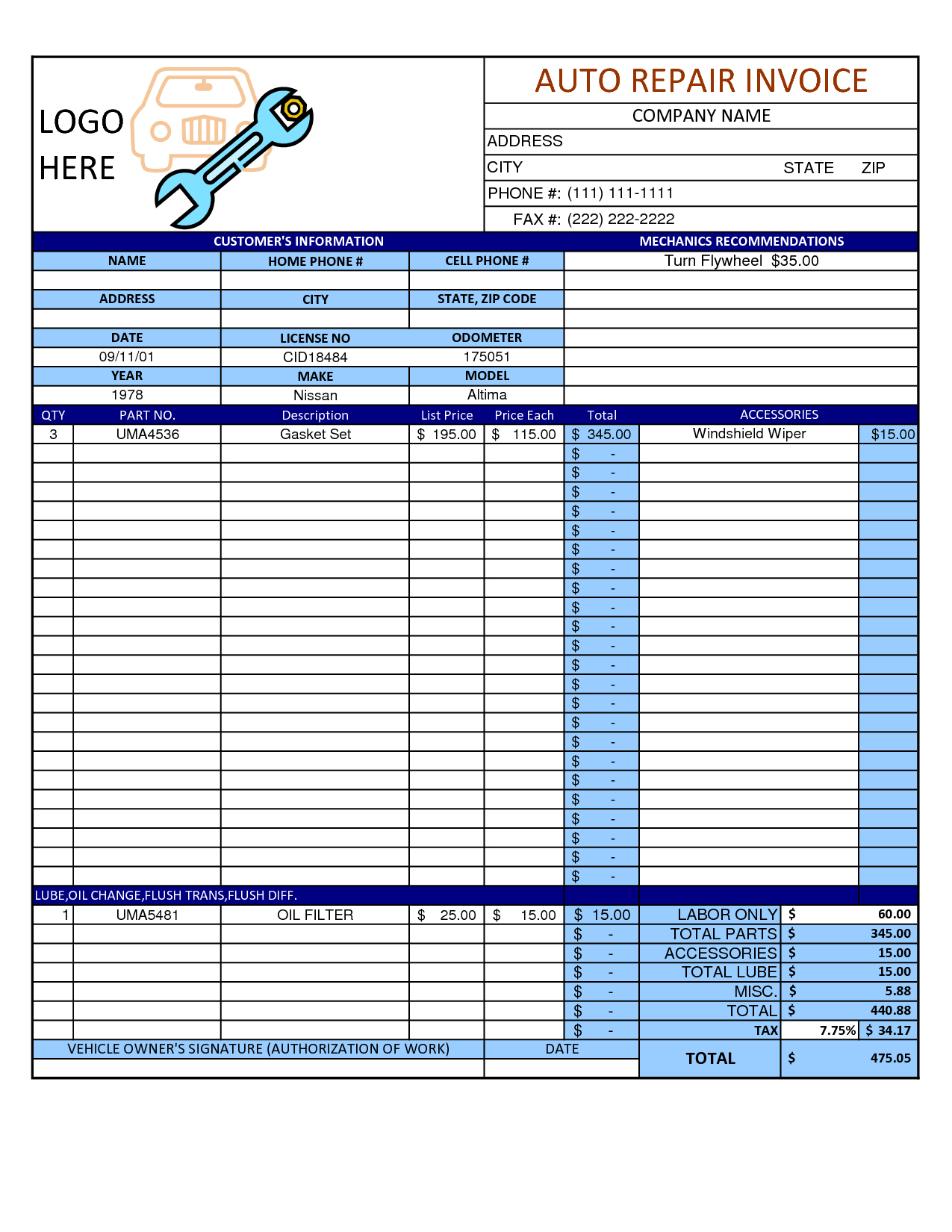 Mechanic Shop Invoice | Scope Of Work Template In 2019 With Job Card Template Mechanic