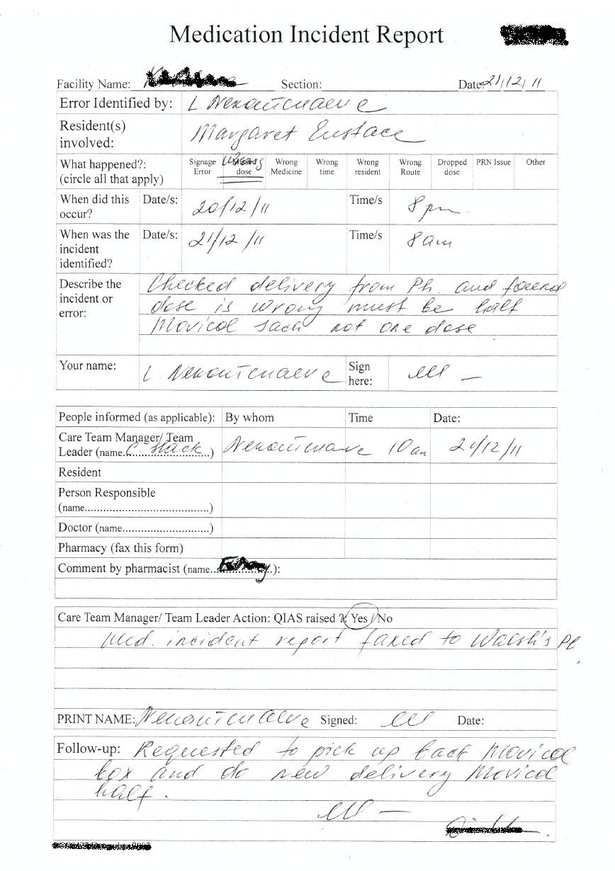 Medication Incident Reporting In Residential Aged Care For Medication Incident Report Form Template
