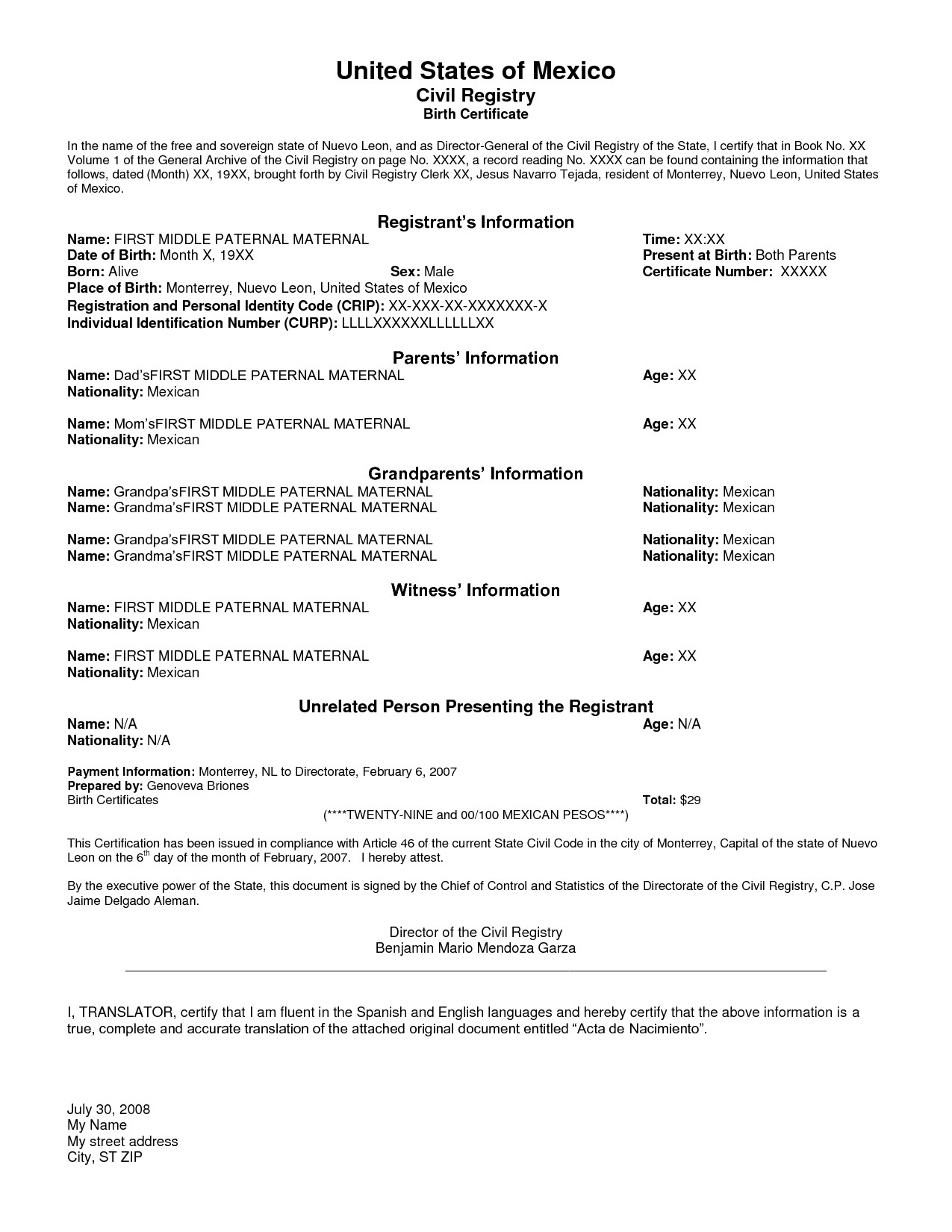 Mexican Marriage Certificate Template – Carlynstudio Pertaining To Mexican Marriage Certificate Translation Template