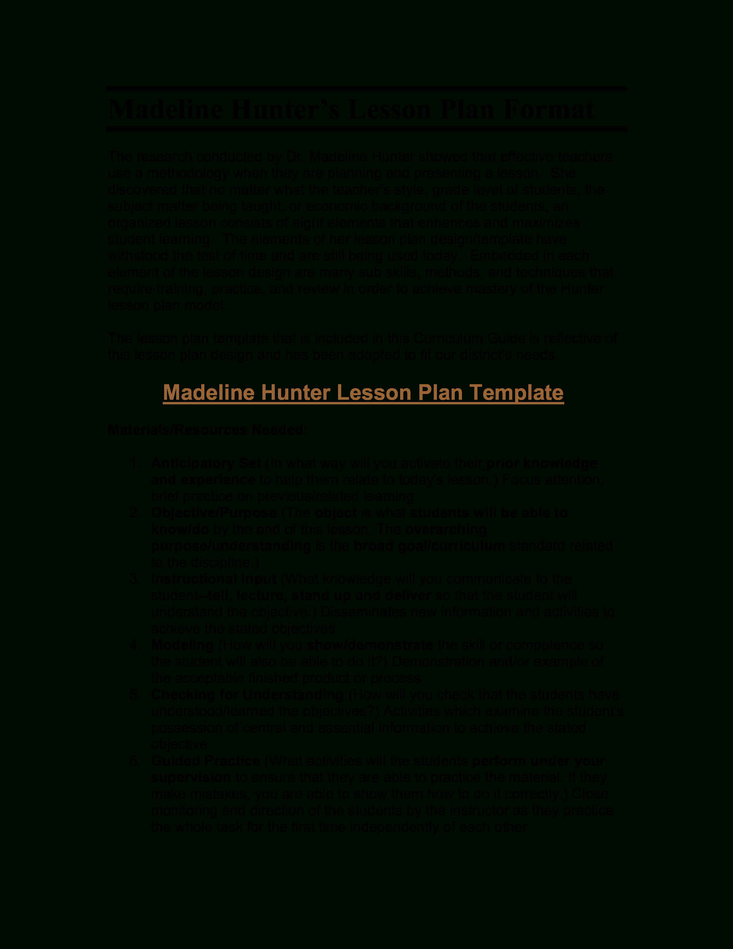 Microsoft Word – Madeline Hunter's Lesson Plan Format With Madeline Hunter Lesson Plan Template Blank