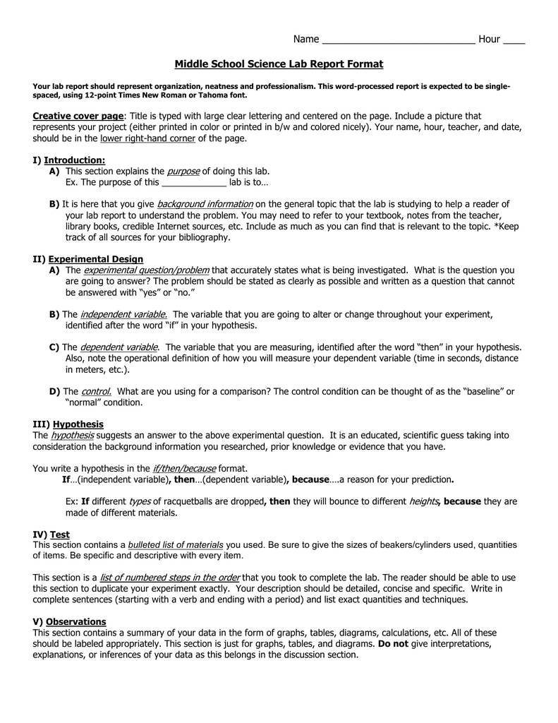 Middle School Science Lab Report Format For Lab Report Template Middle School