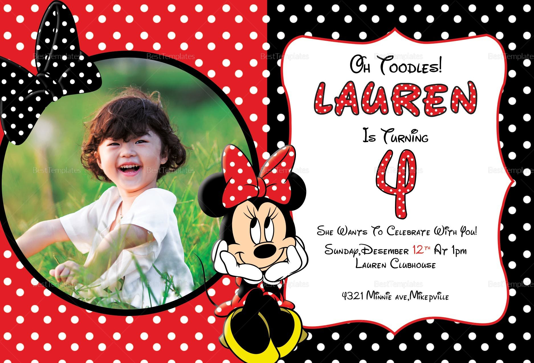 Minnie Mouse Photo Invitation Card Template With Minnie Mouse Card Templates
