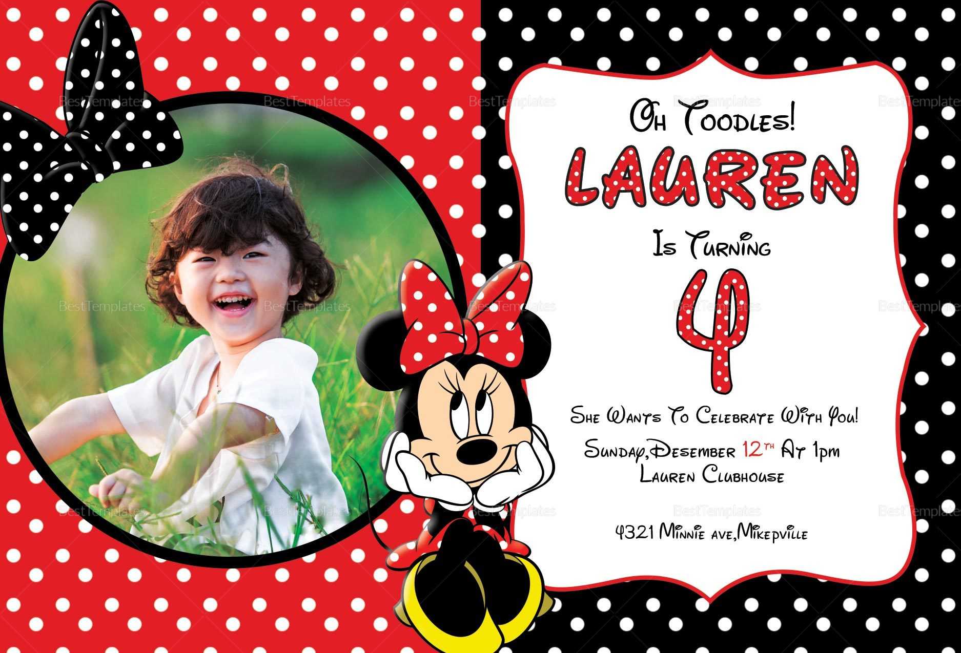 Minnie Mouse Photo Invitation Card Template With Minnie Mouse Card Templates