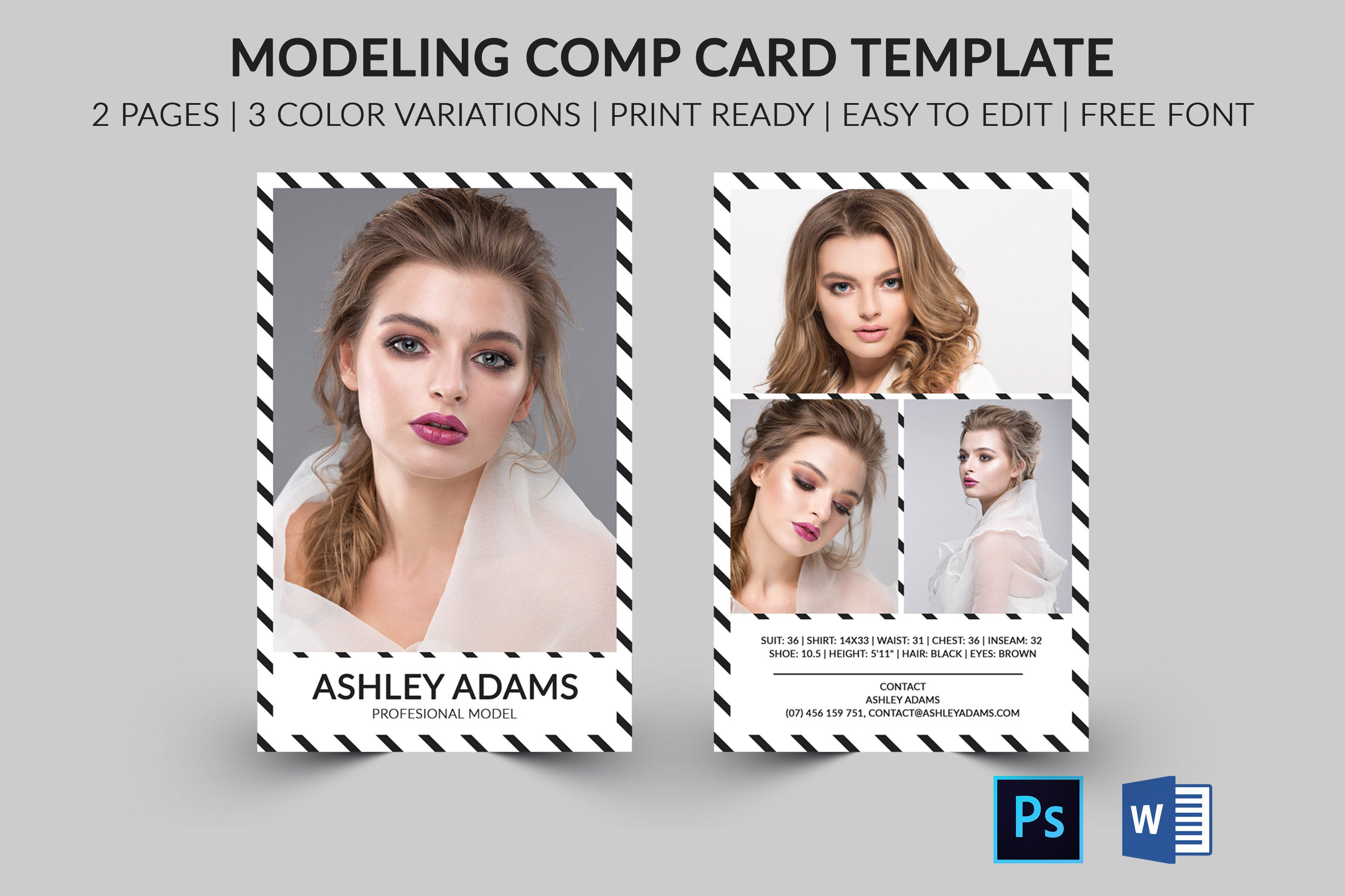 Modeling Comp Card | Model Agency Zed Card | Photoshop, Elements & Ms Word  Template |Modeling Card | Instant Download | Pertaining To Zed Card Template Free
