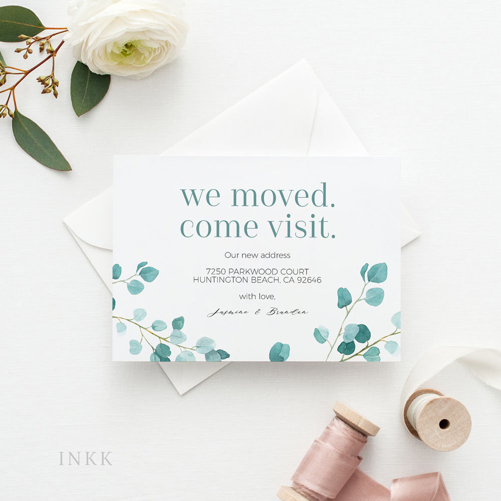 Modern Eucalyptus New Home Announcement Card, Moving Announcement Cards,  New Address, Printable, New House, Pdf Instant Download #k025C With Regard To Moving Home Cards Template