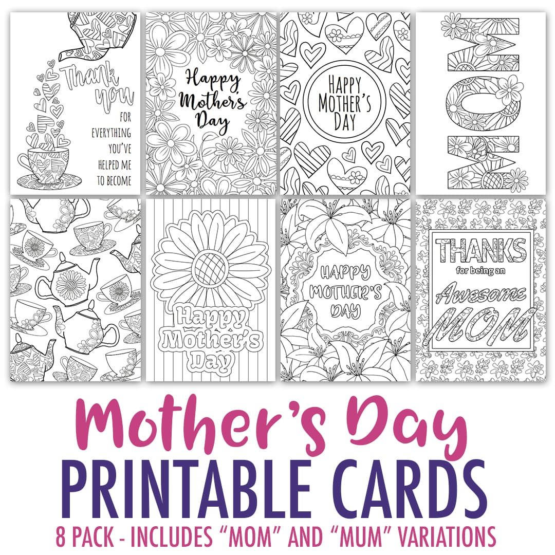 Mother's Day Coloring Cards | 8 Pack For Mothers Day Card Templates