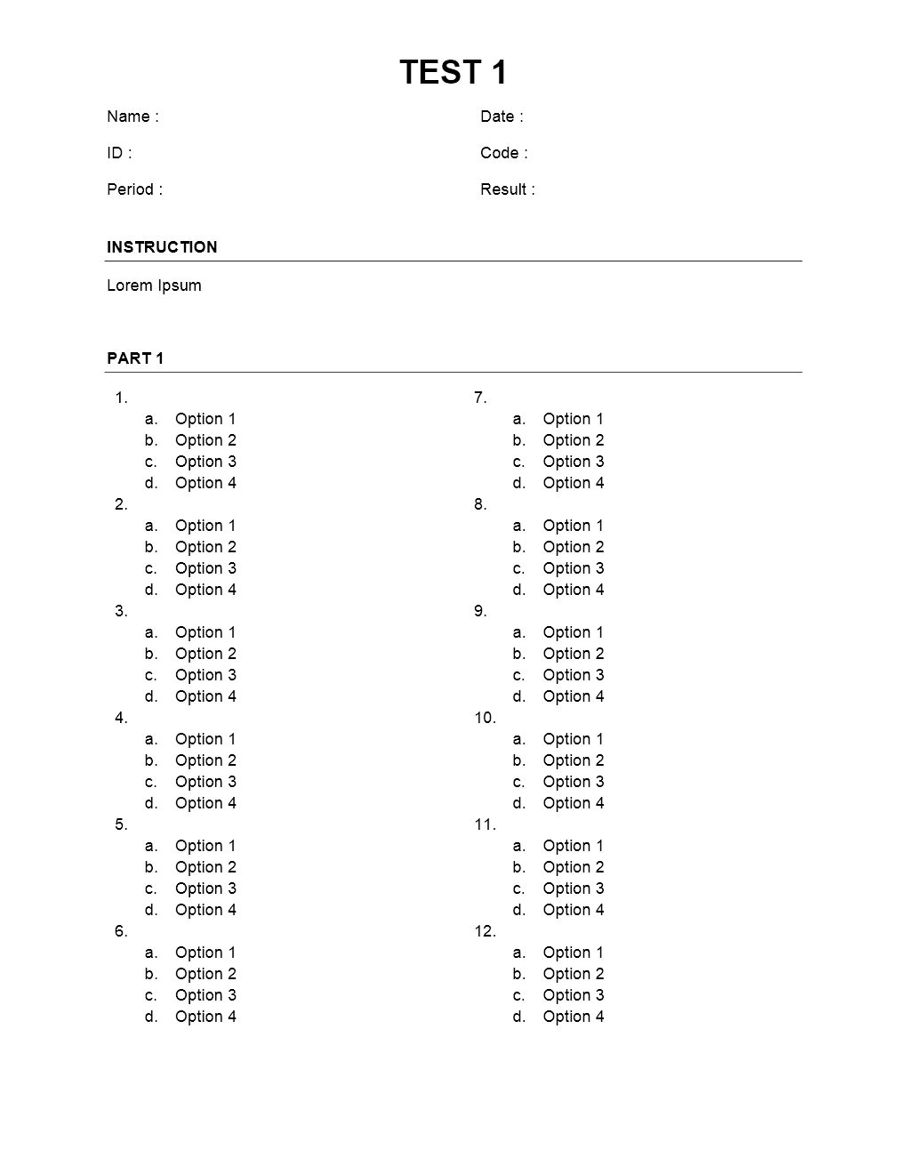 Multiple Choice Sheet Regarding Test Template For Word Intended For Test Template For Word