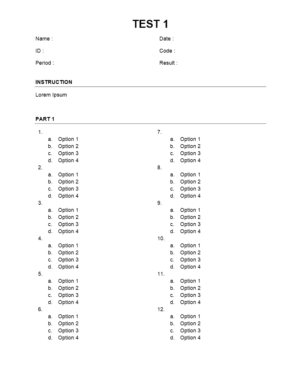 Multiple Choice Sheet Regarding Test Template For Word Intended For Test Template For Word