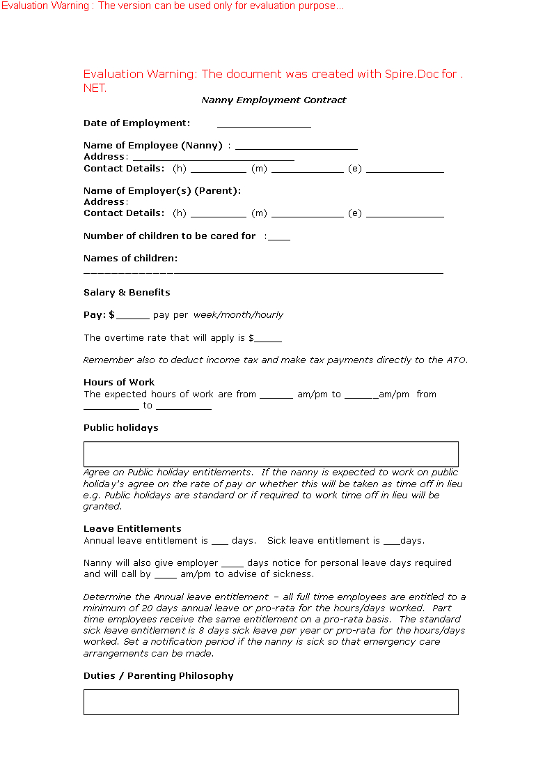 Nanny Employment Contract – | Nanny Contracts | Nanny Pertaining To Nanny Contract Template Word