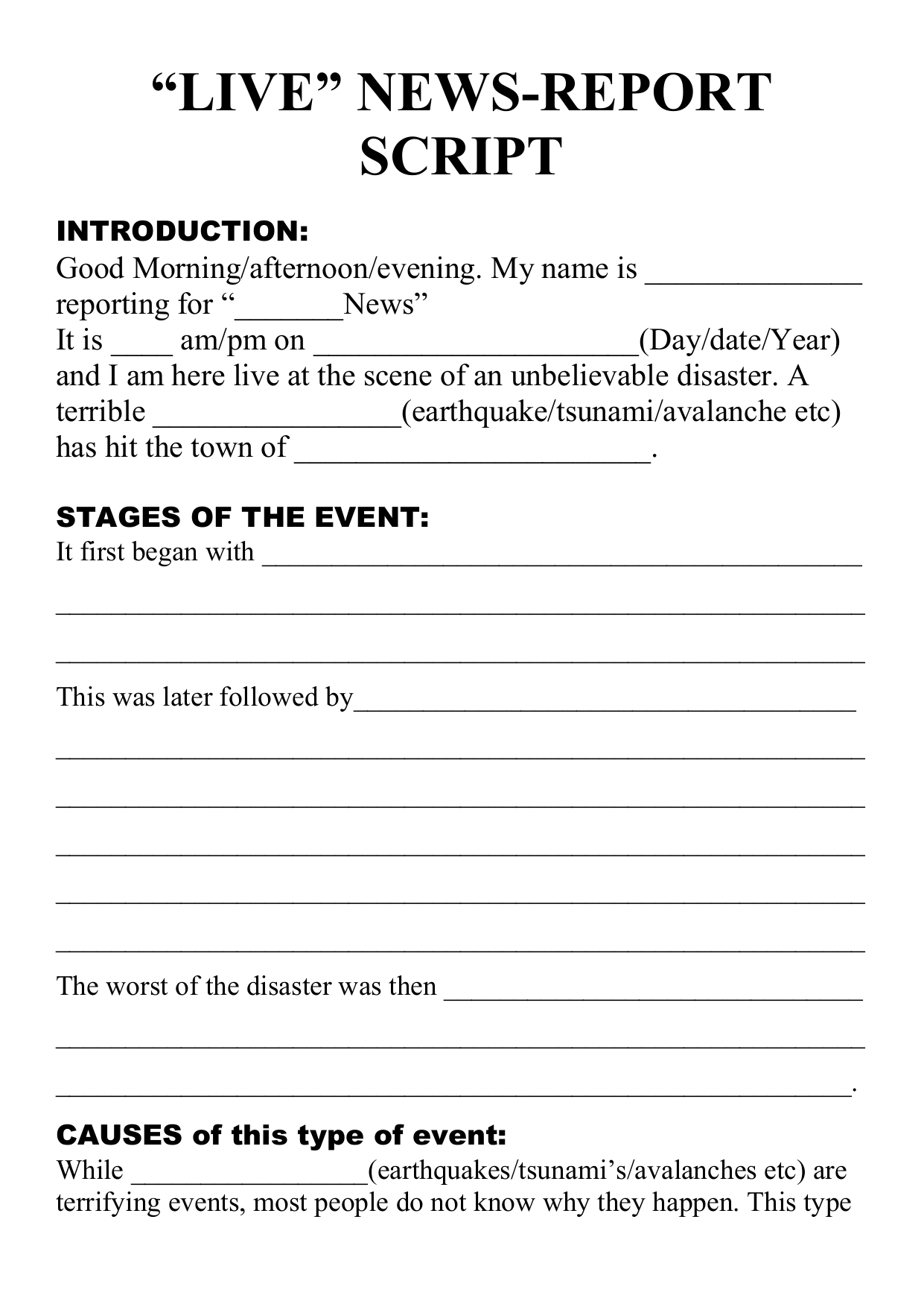 Natural Disaster – Live Newsreport Script Template Pertaining To News Report Template