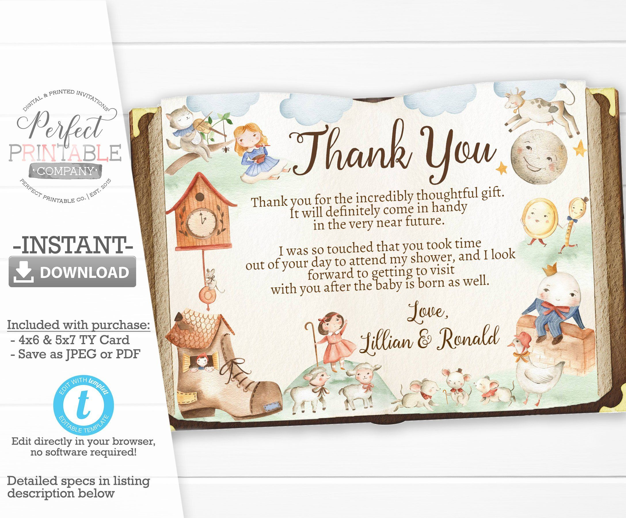 Nursery Rhyme Baby Shower Thank You Card, Mother Goose Thank With Regard To Template For Baby Shower Thank You Cards