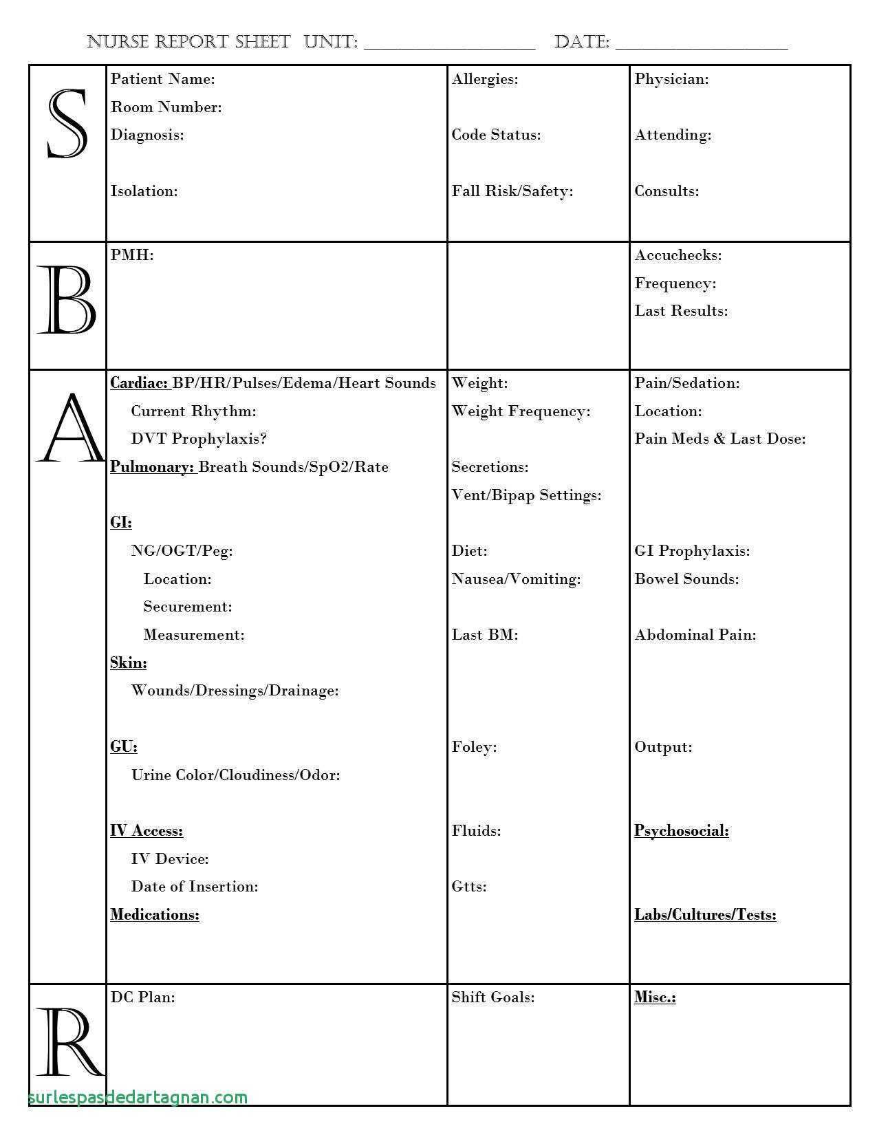 Nursing Report Sheet Template Together With Sbar Nurse For Med Surg Report Sheet Templates