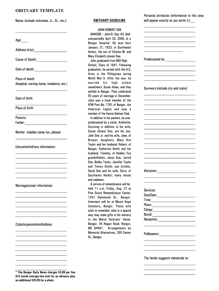 Obituary Template - Fill Online, Printable, Fillable, Blank With Fill In The Blank Obituary Template