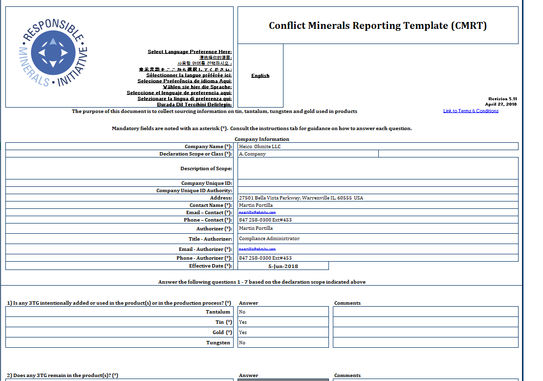 Ohmite - Conflict Minerals Reporting Template (Cmrt) - Rell Throughout Conflict Minerals Reporting Template