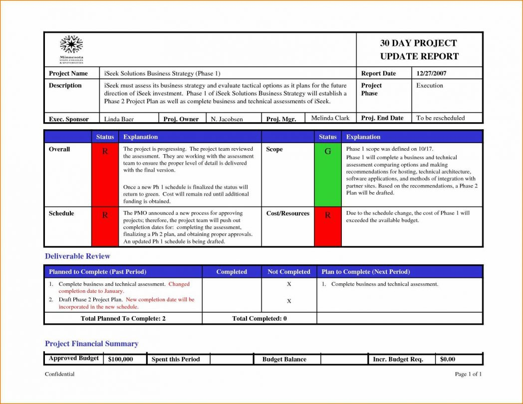One Page Status Report Template - Atlantaauctionco Regarding One Page Project Status Report Template
