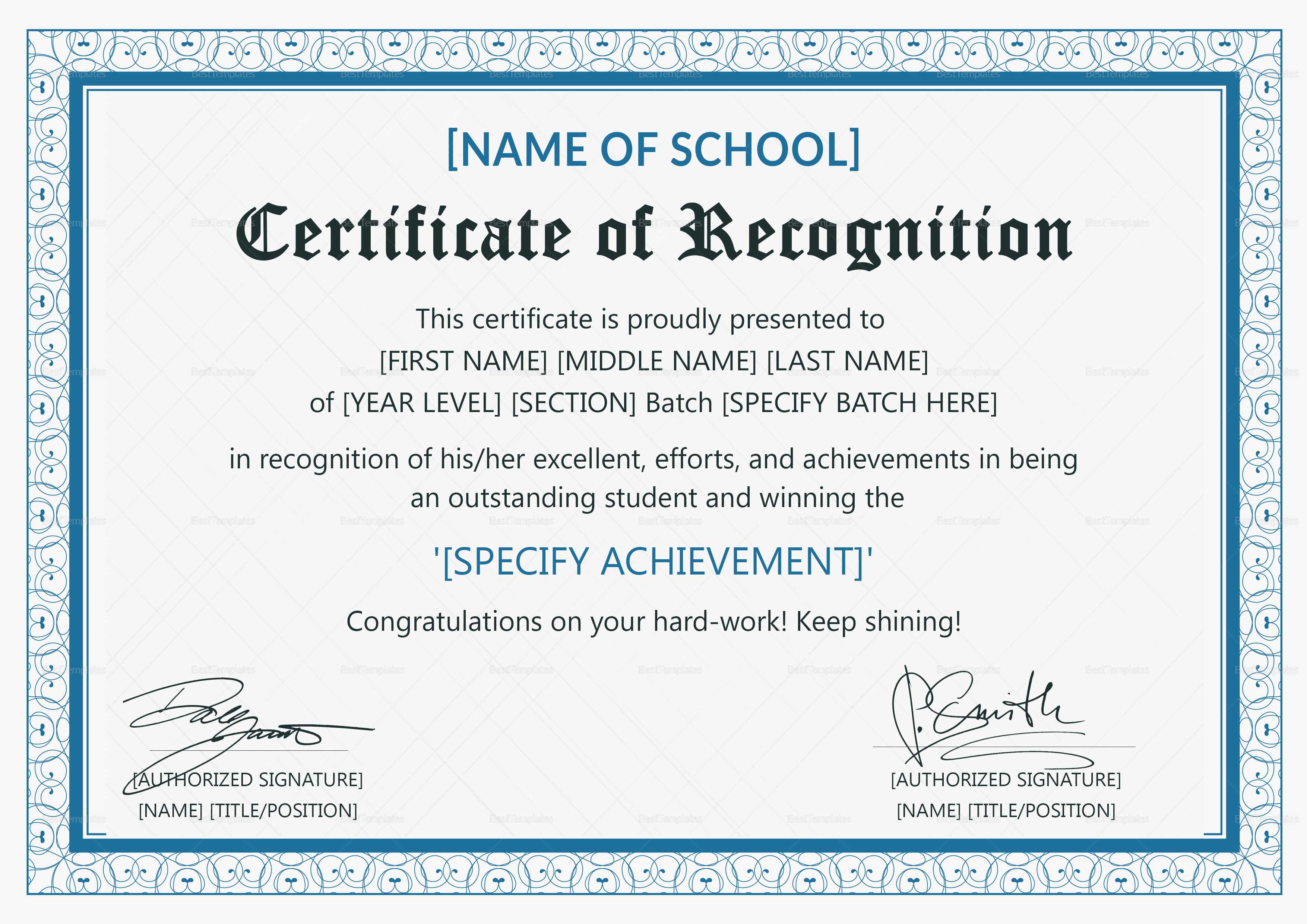 Outstanding Student Recognition Certificate Template In Template For Recognition Certificate