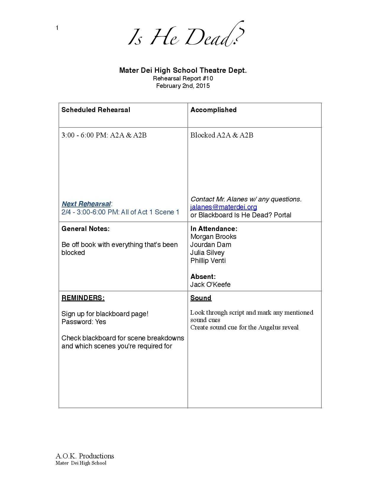 Page 1 Of Is He Dead? Rehearsal Report Example | Stage With Rehearsal Report Template