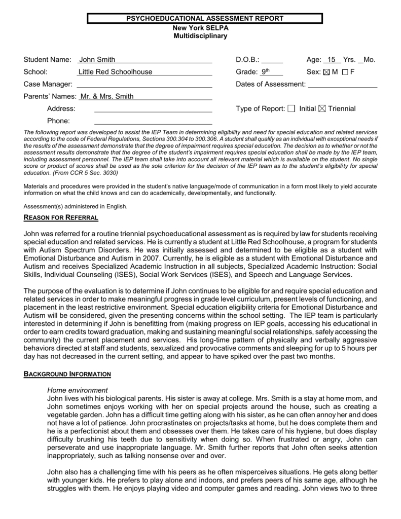 Page Of – Ventura County Selpa For Psychoeducational Report Template