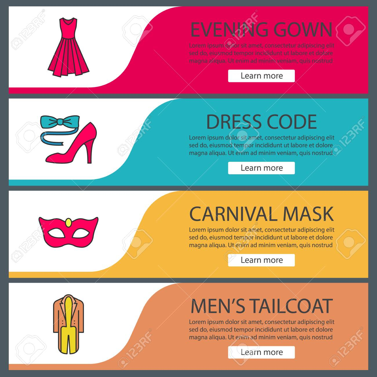 Party Accessories Web Banner Templates Set. Evening Gown, Carnival.. For Tie Banner Template