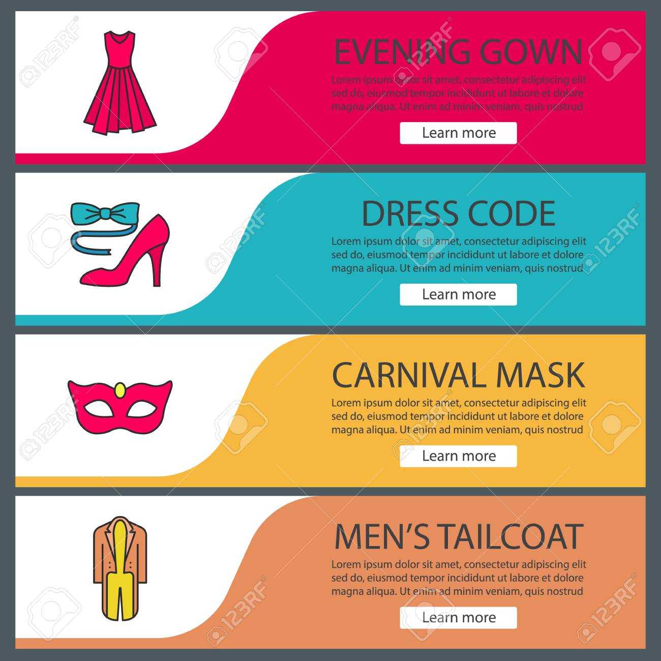 Party Accessories Web Banner Templates Set. Evening Gown, Carnival.. For Tie Banner Template