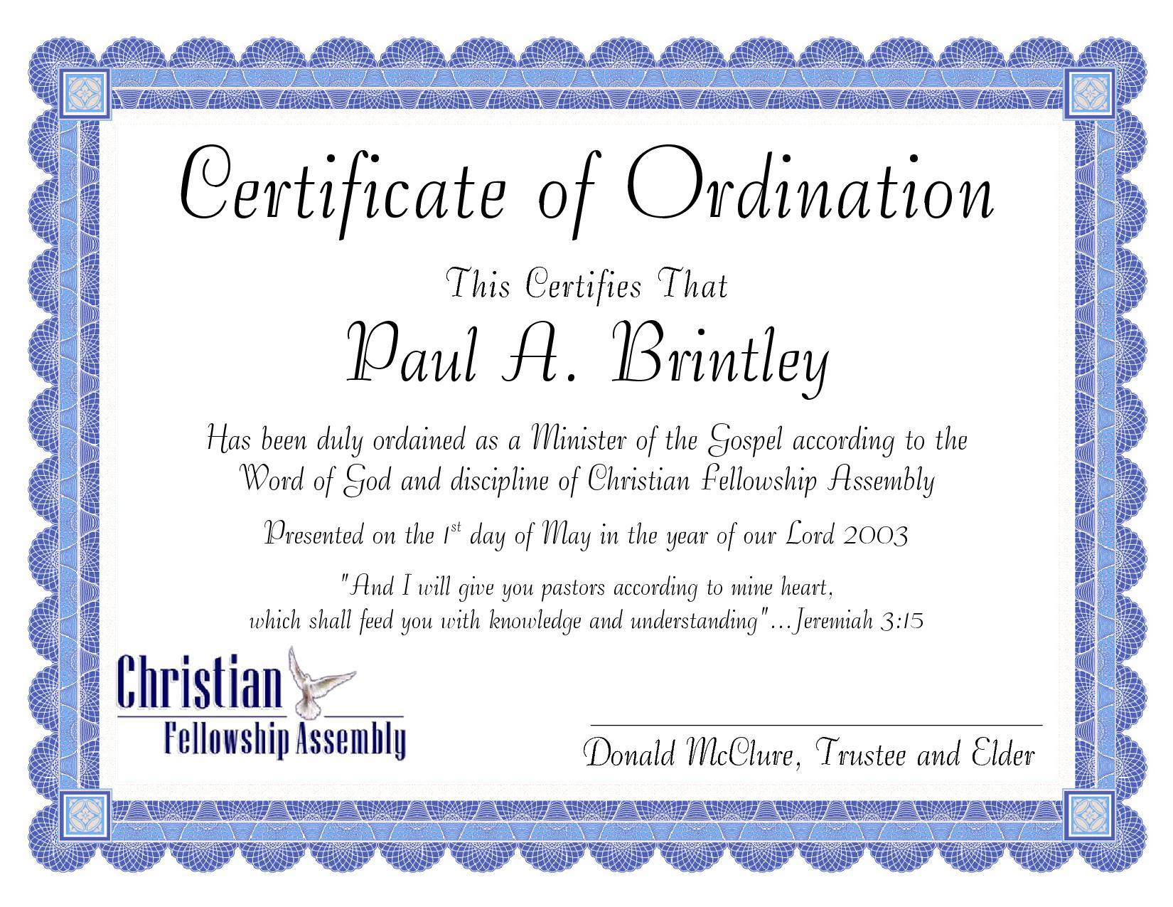 Pastoral Ordination Certificatepatricia Clay - Issuu Inside Certificate Of Ordination Template